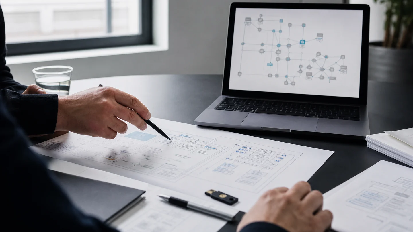 Prüfung eines Datenfluss- und Architekturplans an einem Engineering-Arbeitsplatz