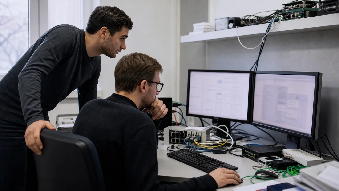 Zwei Fachkraefte pruefen eine KI-Integration an einem technischen Arbeitsplatz.