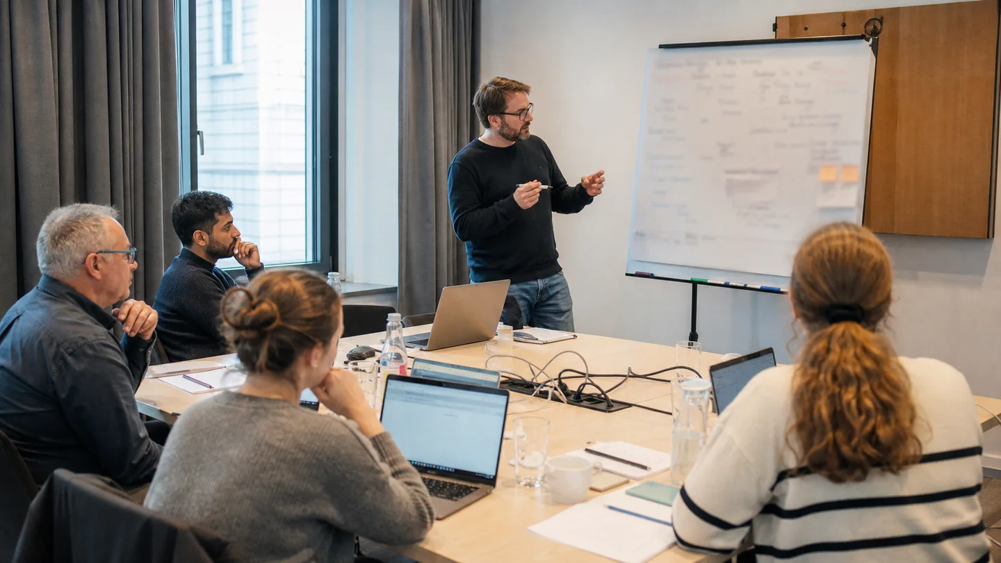Kleine Gruppe arbeitet gemeinsam in einem praxisnahen KI-Workshop.