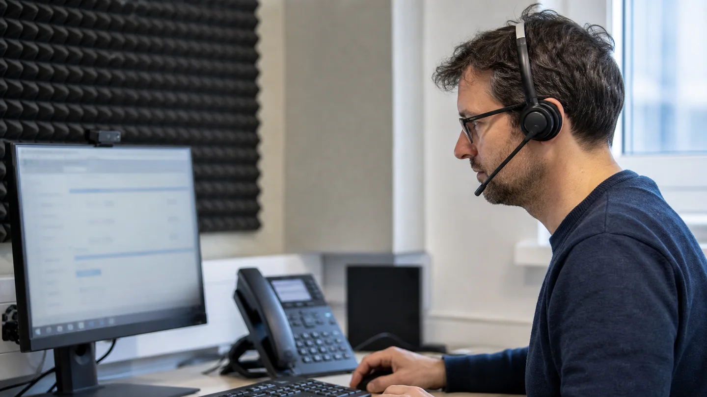 Fachkraft testet einen Sprachprozess mit Headset in einem ruhigen Arbeitsraum.